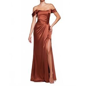 NEW LADIVINE satin fitted off shoulder slit gown in sienna